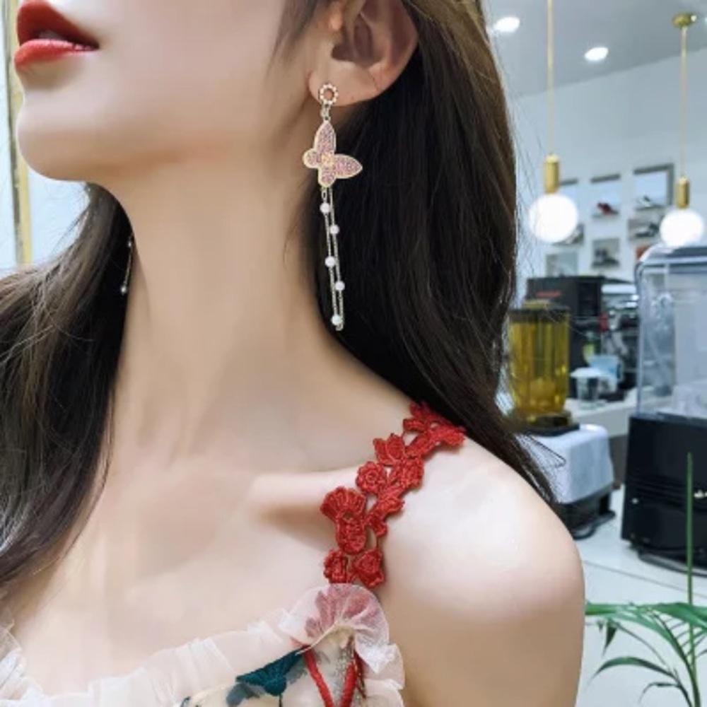 Pink Rhinestone Asymmetrical Butterfly Earrings - Picture 3 of 5